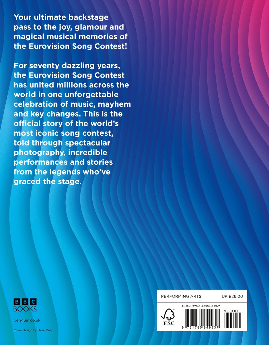 De achterkant van het boek 'Eurovision Song Contest' met paarse en blauwe golven op de achtergrond. Tekst over de geschiedenis van het Eurovisie Songfestival.