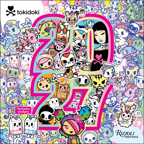 Tokidoki 2027 kalender met stickers: veelkleurige achtergrond met schattige personages zoals katten, koeien en dinosaurussen.