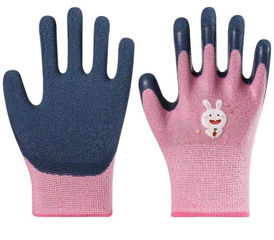 Roze handschoenen met donkerblauwe vingertoppen, pols en een opdruk van een wit konijntje met een wortel.