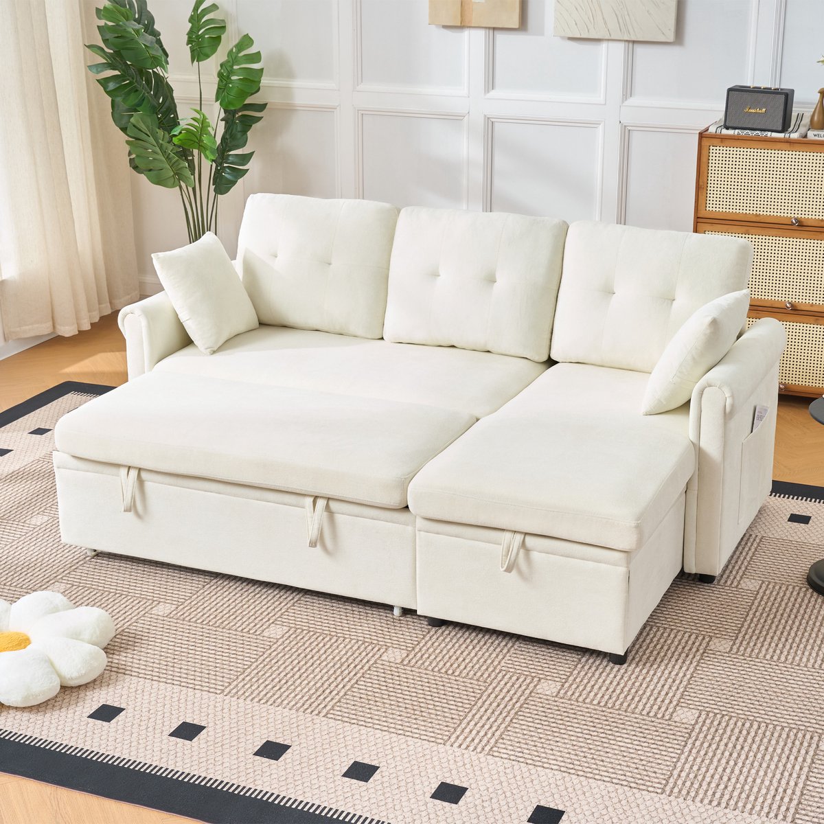 Hoekbank - 206 x 130 x 85 cm - chenille bekleding - met slaapfunctie - met opbergruimte - met dikke zitkussens - met luxe uitstraling - Beige