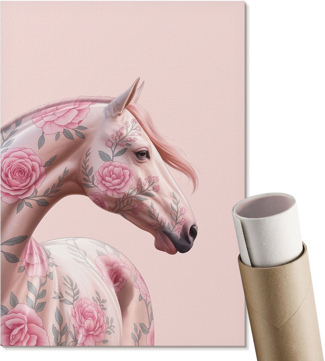 Coloray Canvas Poster Polycanvas - Bloemenpaard, Illustratie - A4 - Roze Patroon - Rechthoek - Wandkunst - Woonkamer, Slaapkamer, Kantoor - Glamour