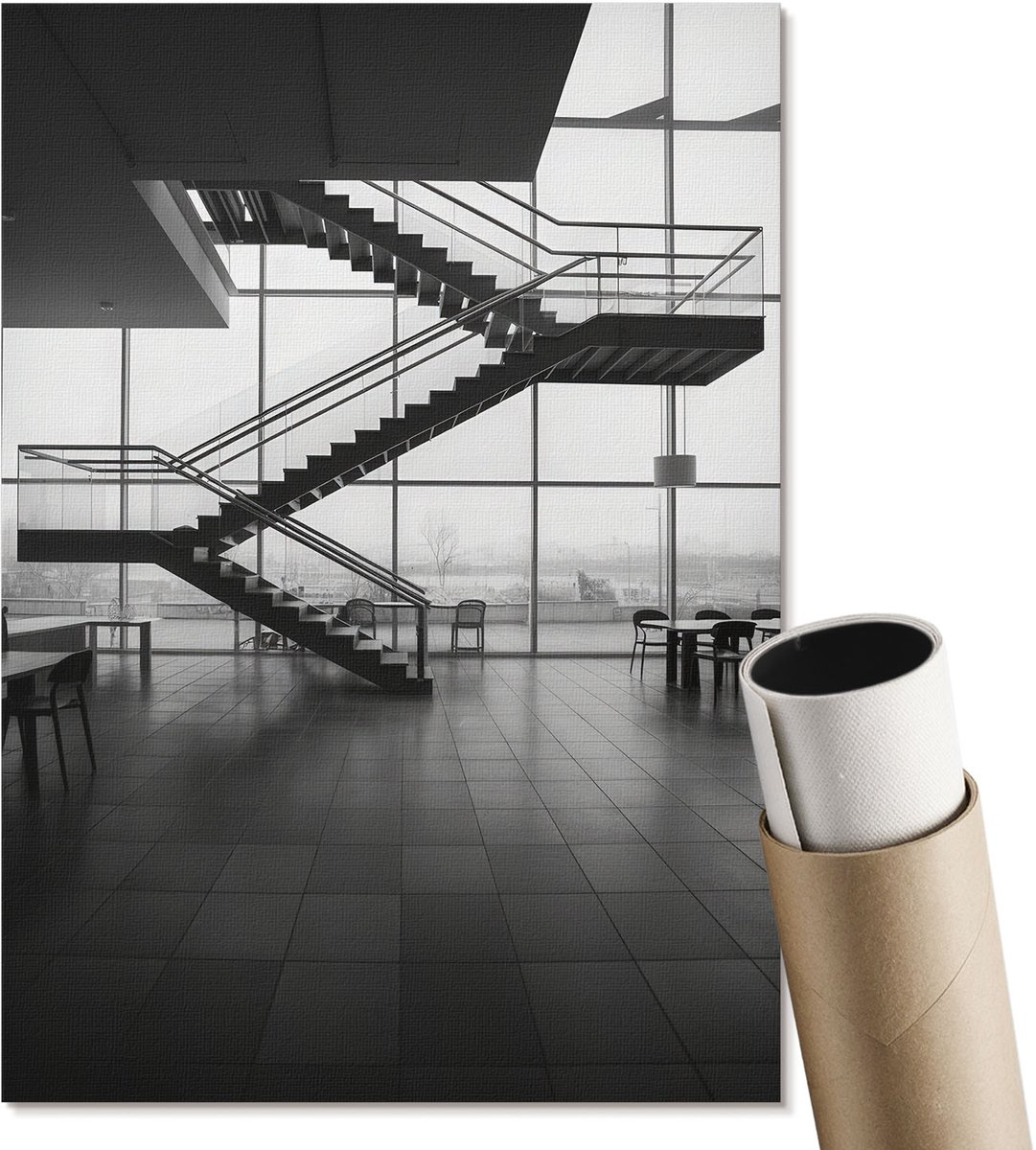 Coloray Polycanvas Poster - Binnentrappen, Fotografie - A4 - Zwart-wit Design - Rechthoek - Wandkunst - Woonkamer, Slaapkamer, Kantoor - Modern