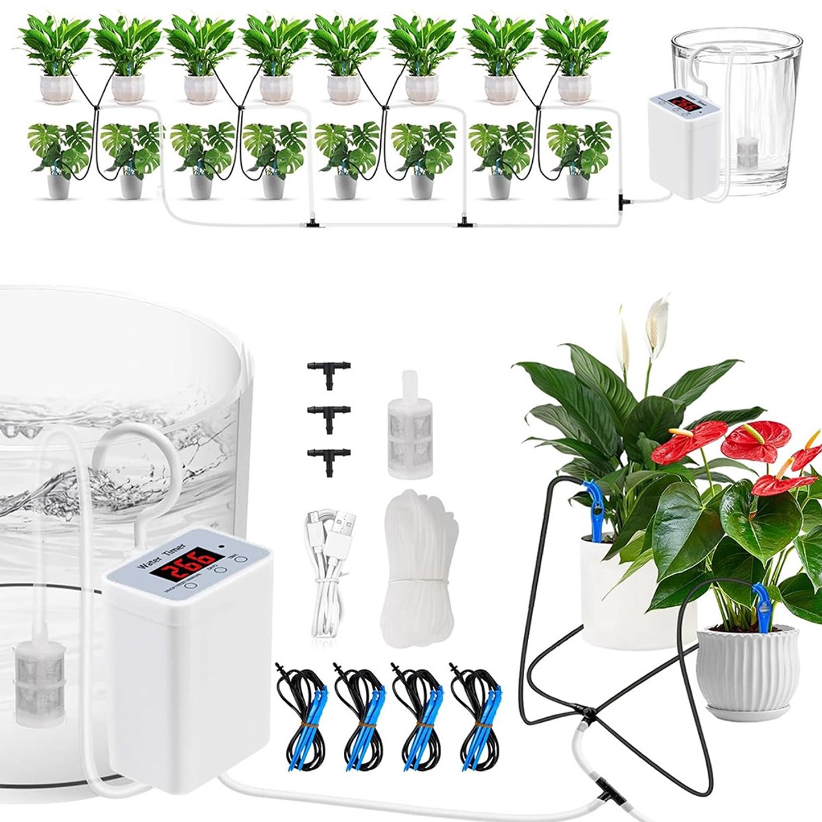 Automatisch irrigatiesysteem - Waterdruppelaar - Automatisch Druppelirrigatiesysteem - Nauwkeurige druppelirrigatie - Wit - 2000mAh USB - 16 Planten & 3m Slang