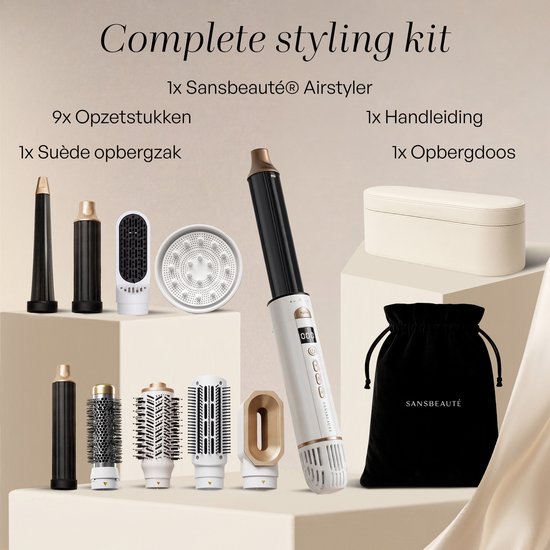Sansbeauté Airstyler complete styling kit met 9 opzetstukken, föhn, diffuser, krultang, gladmakende borstel, volume borstel, opbergdoos en tas.