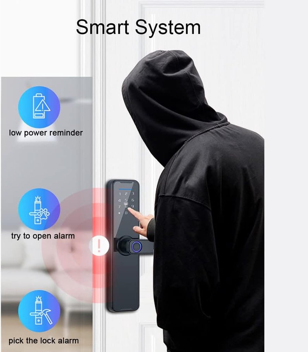 Tuya Smart Fingerprint Deurslot, slim deurslot van aluminiumlegering, ondersteunt ontgrendeling met vingerafdruk, kaart, sleutel of wachtwoord.