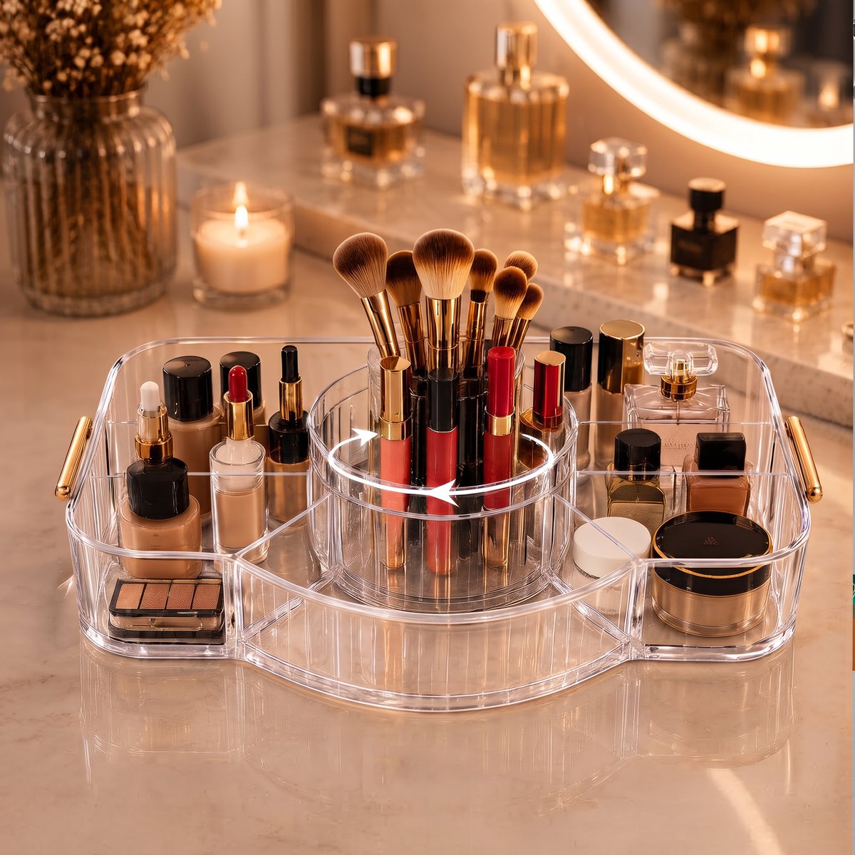 INDECOR Make-up Organizer 360° Draaibaar - beauty organizer draai- Make-up Tafel Organizer - Cosmetica Organizer - Make-up Kwasten Organizer - Sieraden Organizer - Make-up Houder - Transparant