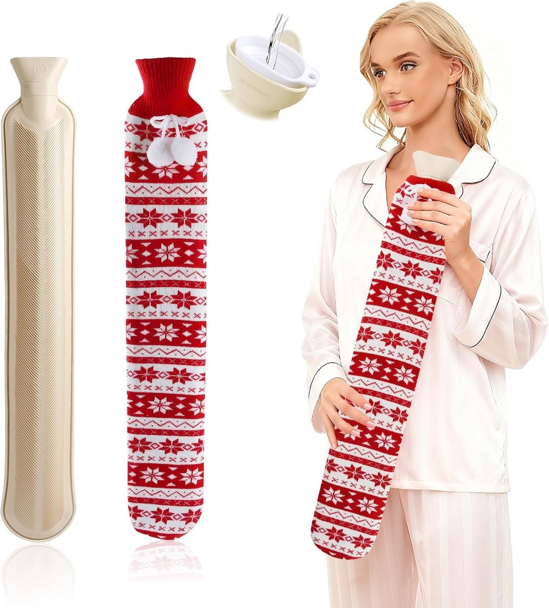 Extra Lange Rubber Fles van 2L, 72 cm - Warmwaterkruik met Gebreide Cover voor Schouder- en Nekpijn, Warmtecompress voor Rug en Menstruatie, Ideaal voor Ontspanning en Comfort
