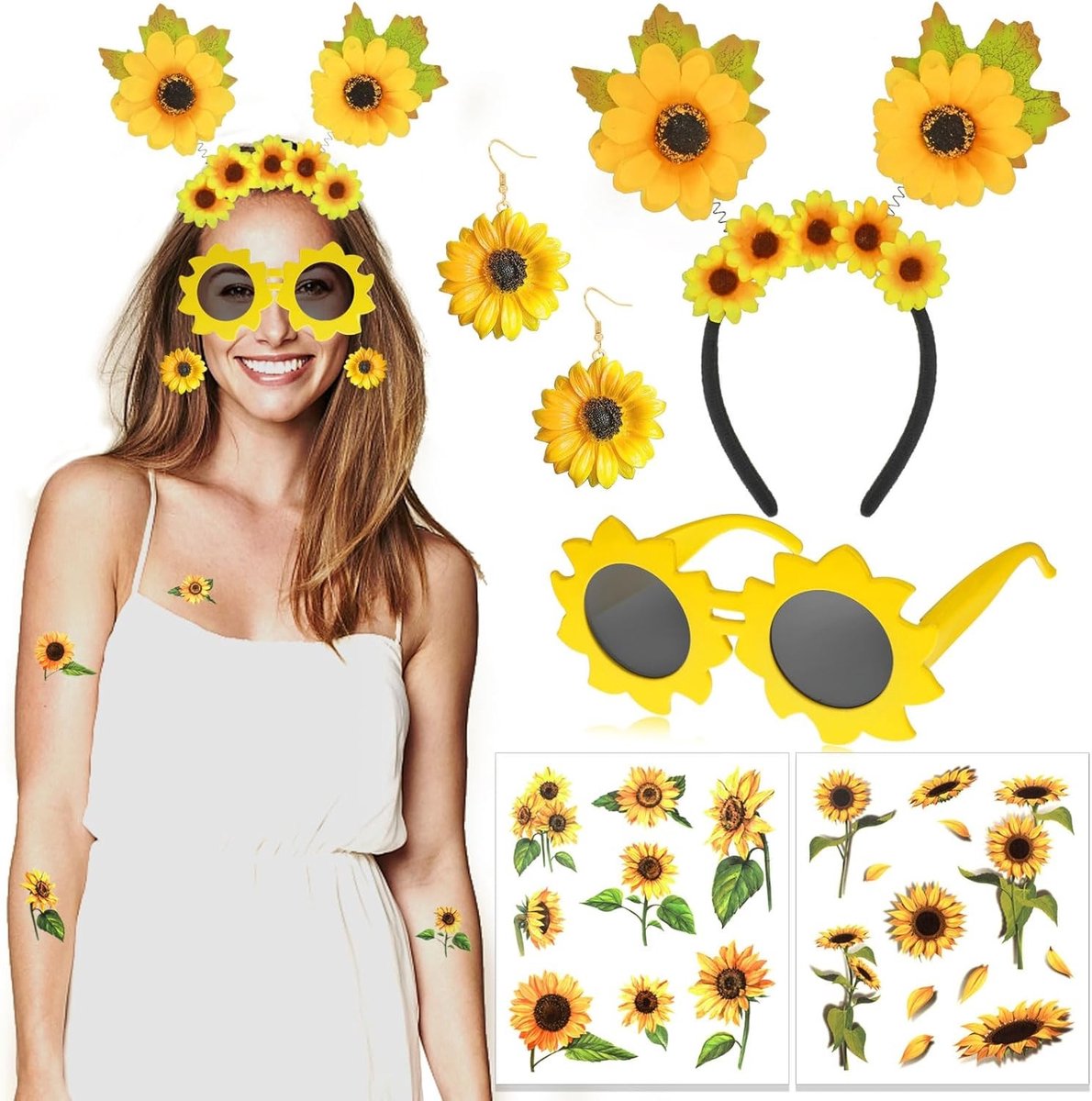 4 Stuks Zonnebloem Kostuum Accessoires, Haarband, Zonnebloem Bril, Oorbellen en Tatoeages voor Halloween en Feestjes