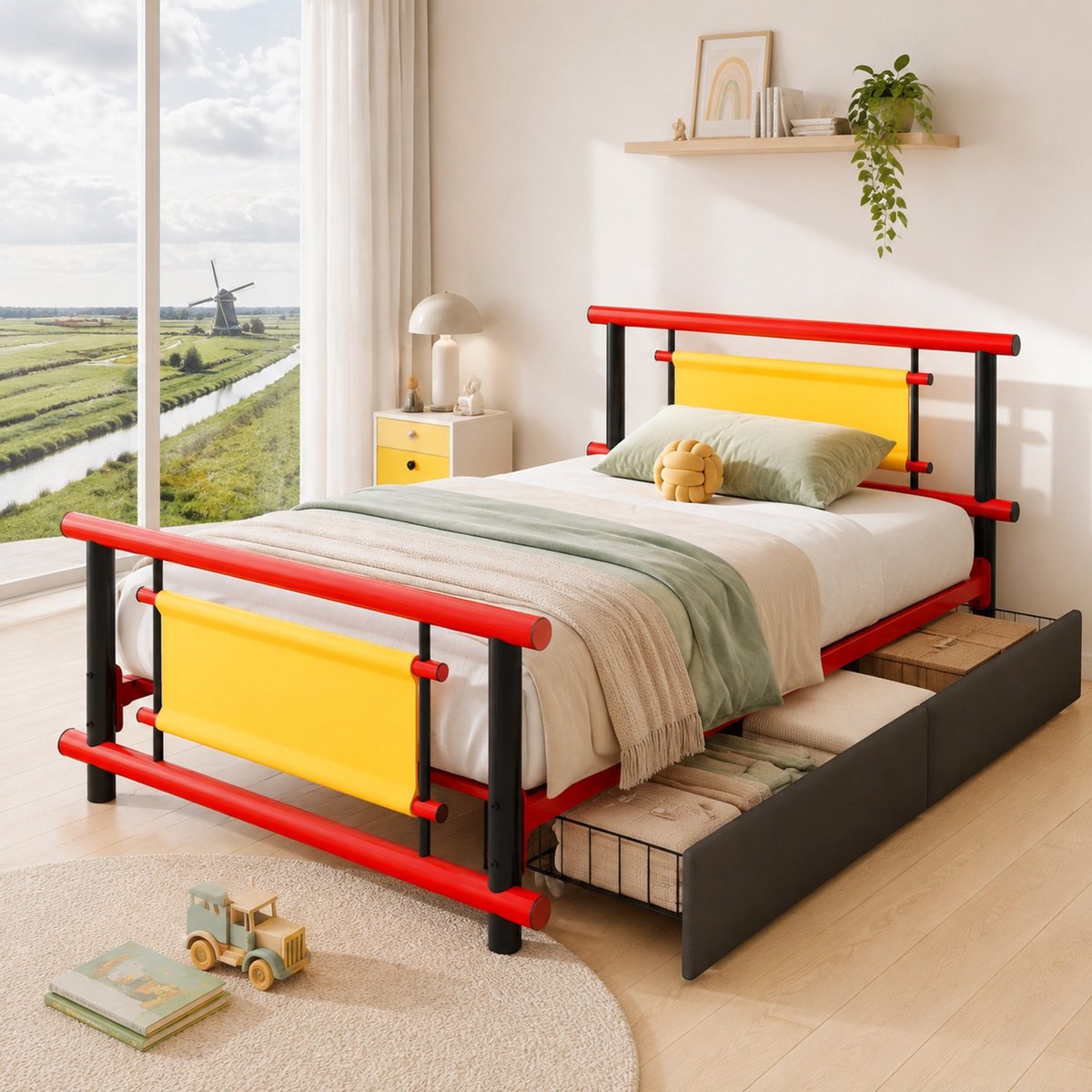WUVRIE Kinderbed van metaal 90x200 cm met lades, opbergruimte en lattenbodem, rood