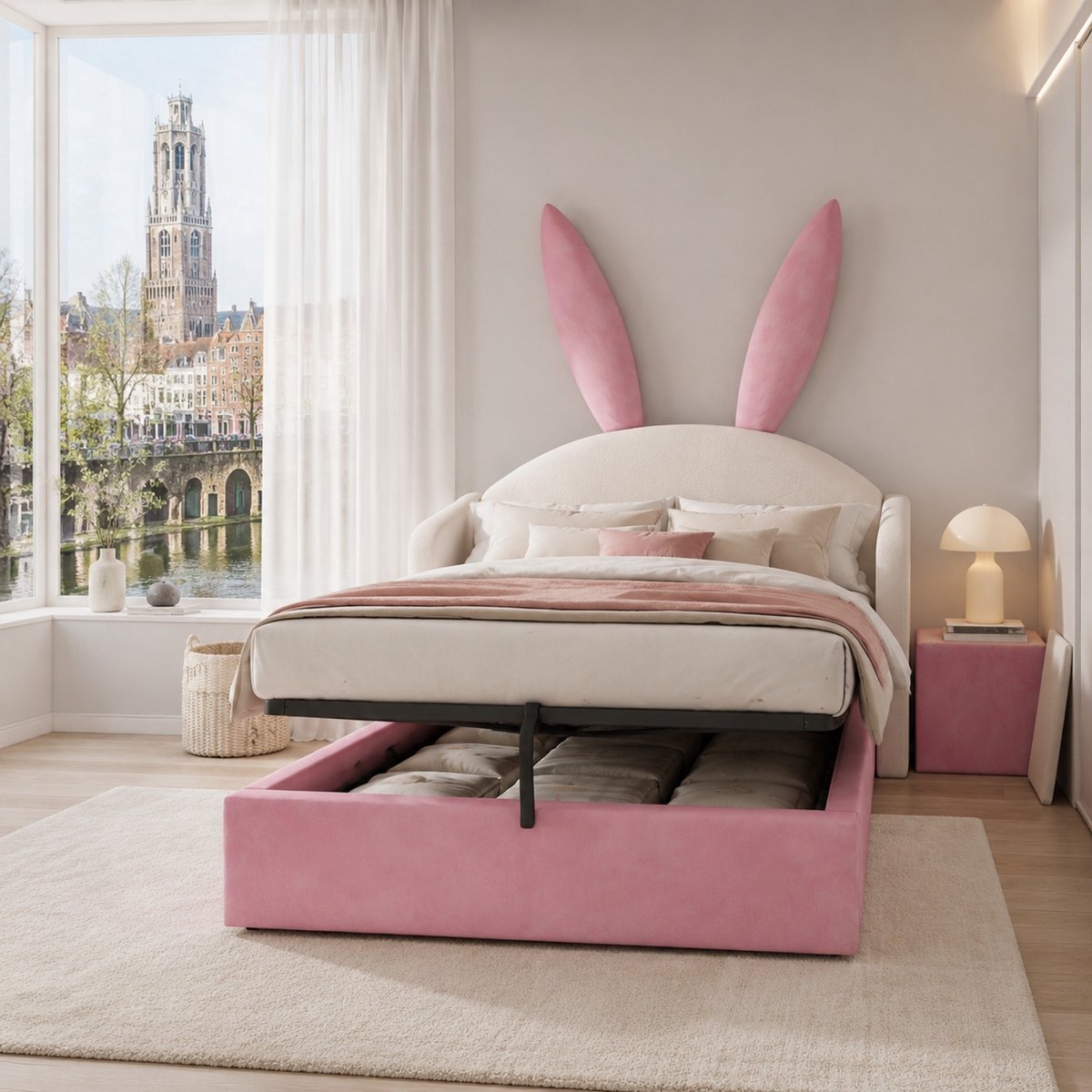 WUVRIE Kinderbed 90x200 cm met opbergruimte, nachtkastje en konijnenoren, beige/roze