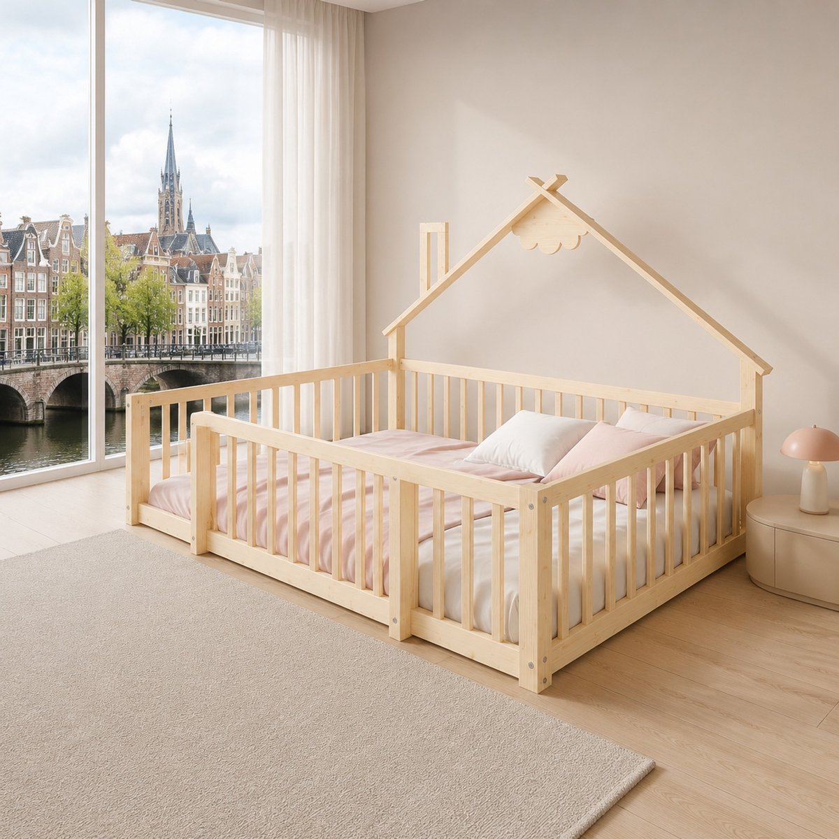WUVRIE Kinderbed in huisvorm 90x190 cm met reling en slot, natuurkleur Natural
