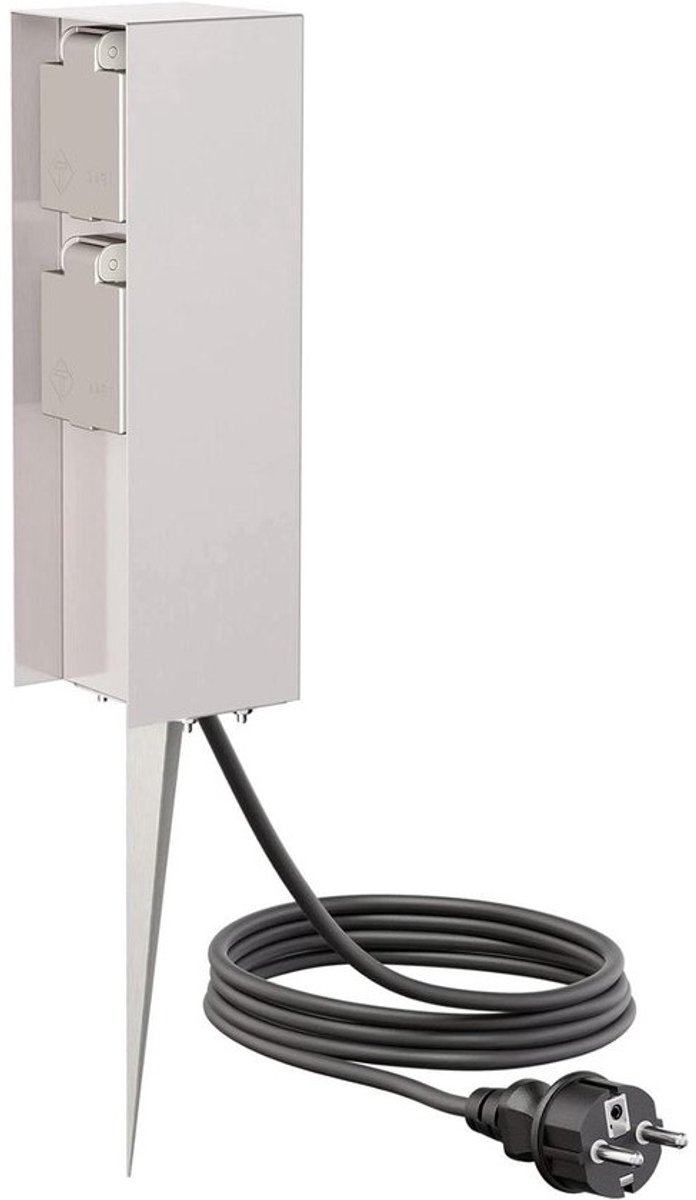 Tuincontactdooszuil met grondspies - Buitenstopcontact zuil - Buiten stroomvoorziening - IP44 spatwaterdicht - 23cm hoog - Roestvrij staal