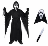 Joya Kids® Horror Geest Verkleedpak Kind | Spook Kostuum Jongens & Meisjes | Griezel Kostuum met Wit Masker | Zwart Gewaad met Capuchon & Nep Mes | Halloween Carnaval | Maat M | 7-8 Jaar