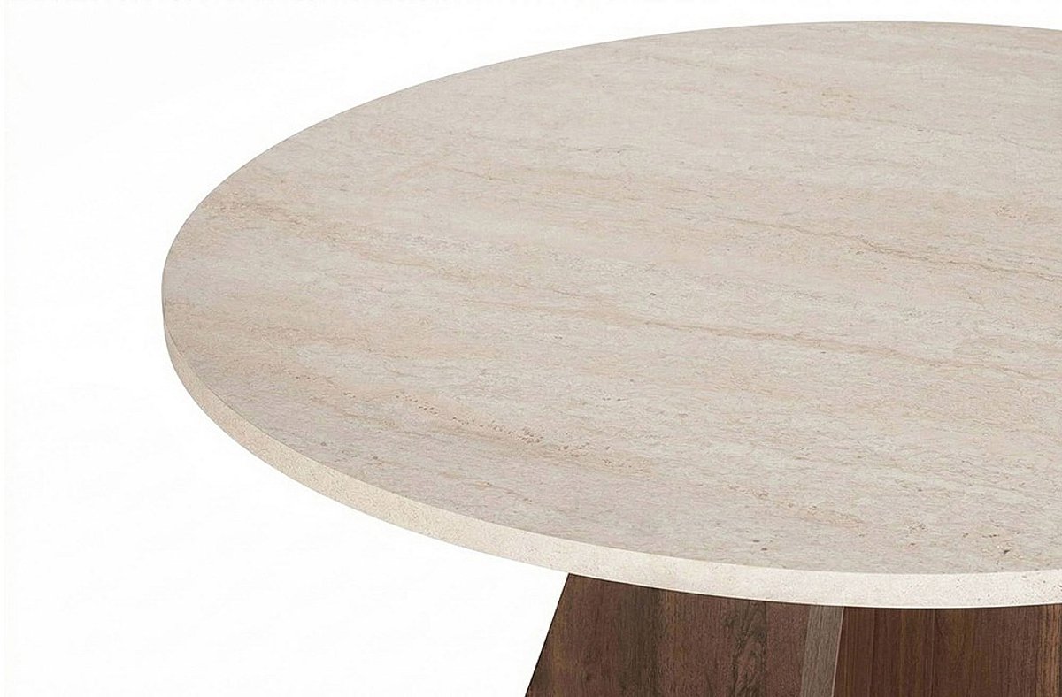 Vente-unique Ronde eettafel voor 4 personen - Travertijn effect beige en natuurlijk donker - ALVEKO