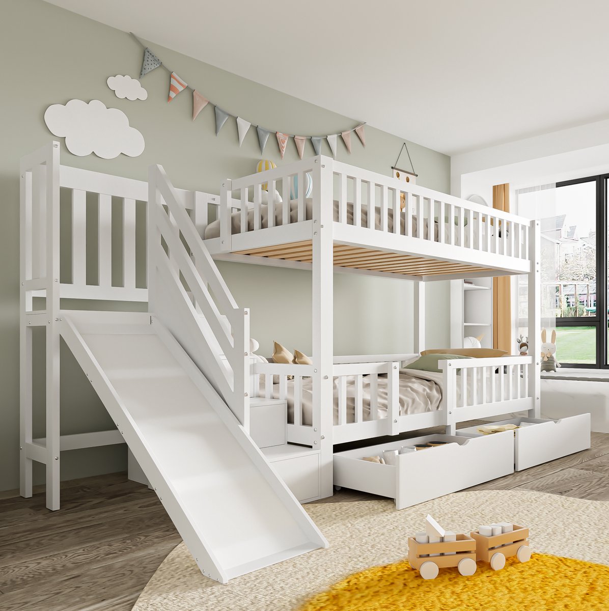 REDOM- Kinder stapelbed met glijbaan en trap - Houten constructie - Magnetische deur - Met 2 lades - Lattenbodem - Kinderkamer - Hout - Wit - 90 x 200 cm