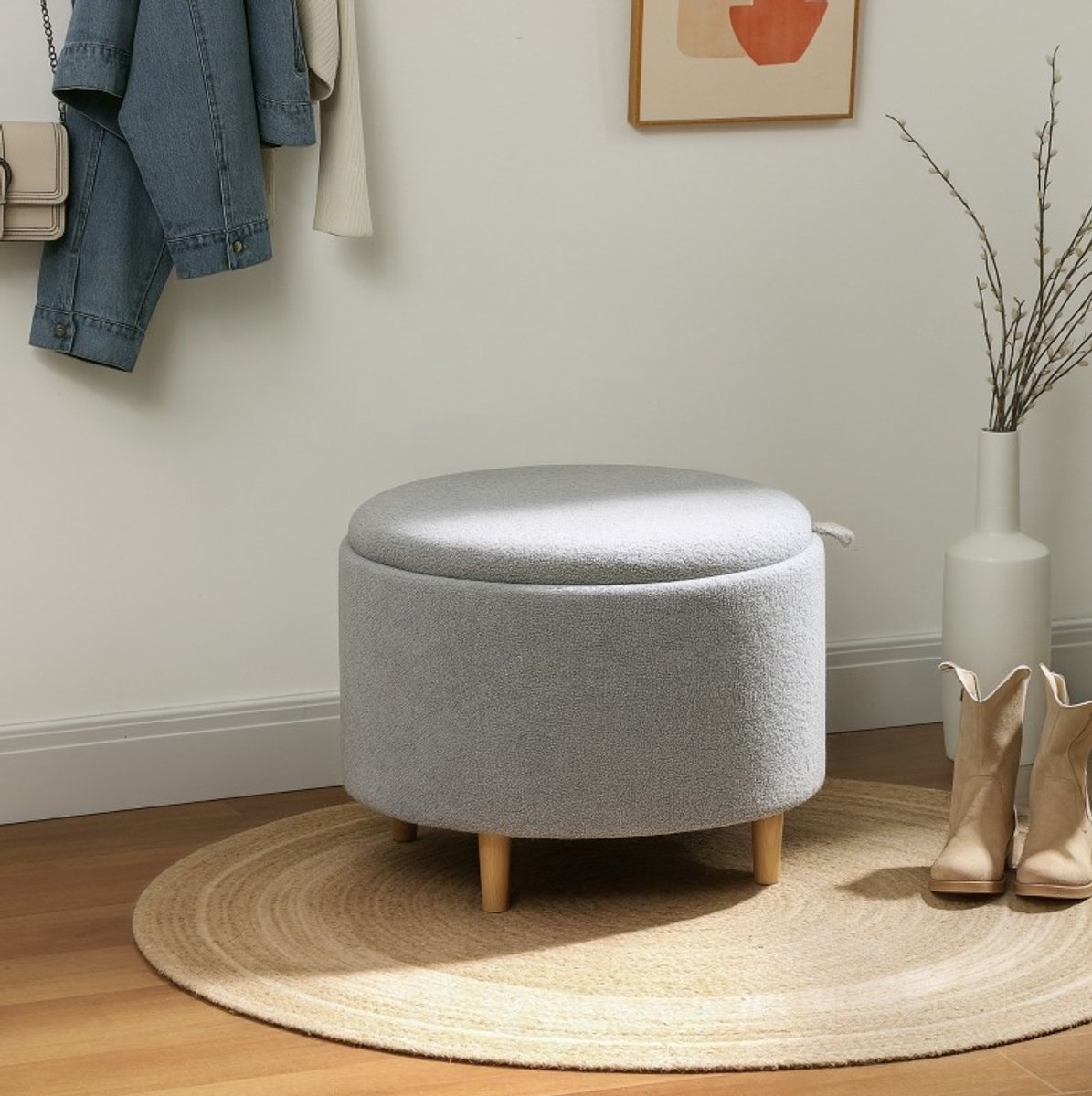 MODFU-Hocker-Opbergruimte-Teddyfleece-Grijs-56 X 56 X 42 Cm