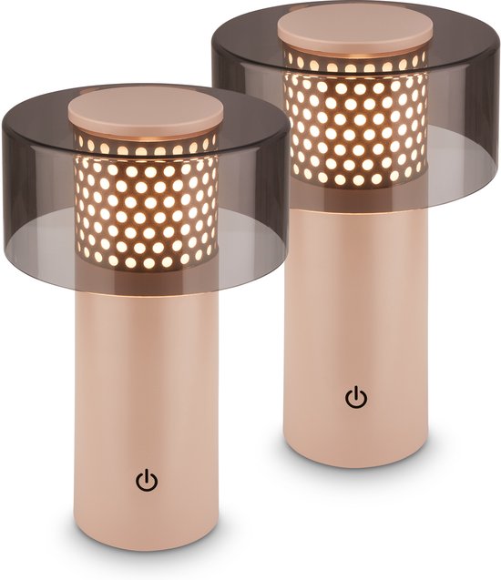 Set van twee beige draadloze tafellampen met warm wit licht, geperforeerde kap en aan-uitknop.