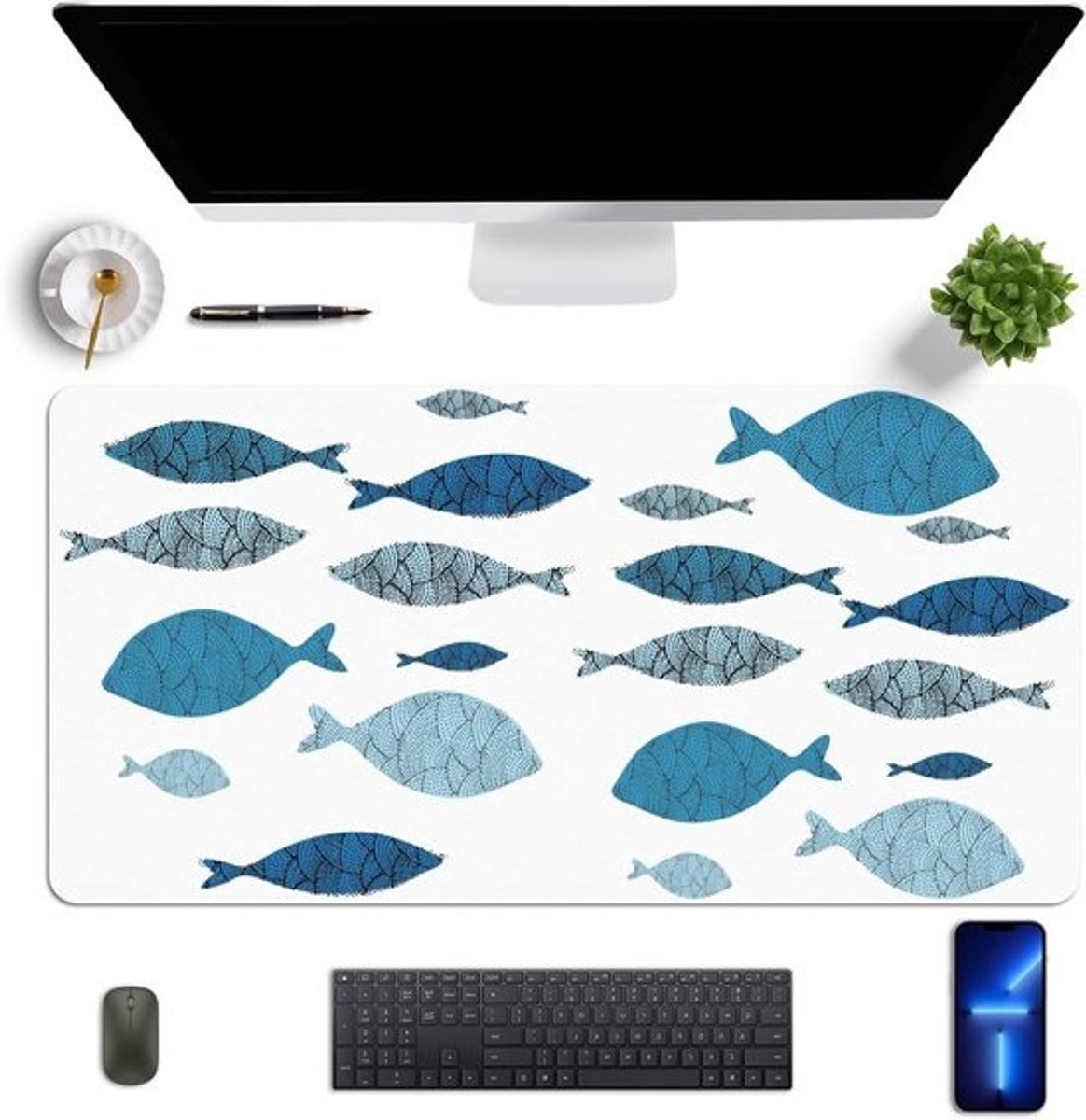 Bureauonderlegger PU-leer - Bureaumat Muismat - Bureau Organisatie - Waterdicht Antislip - 80 x 40 cm - Blauwe vis