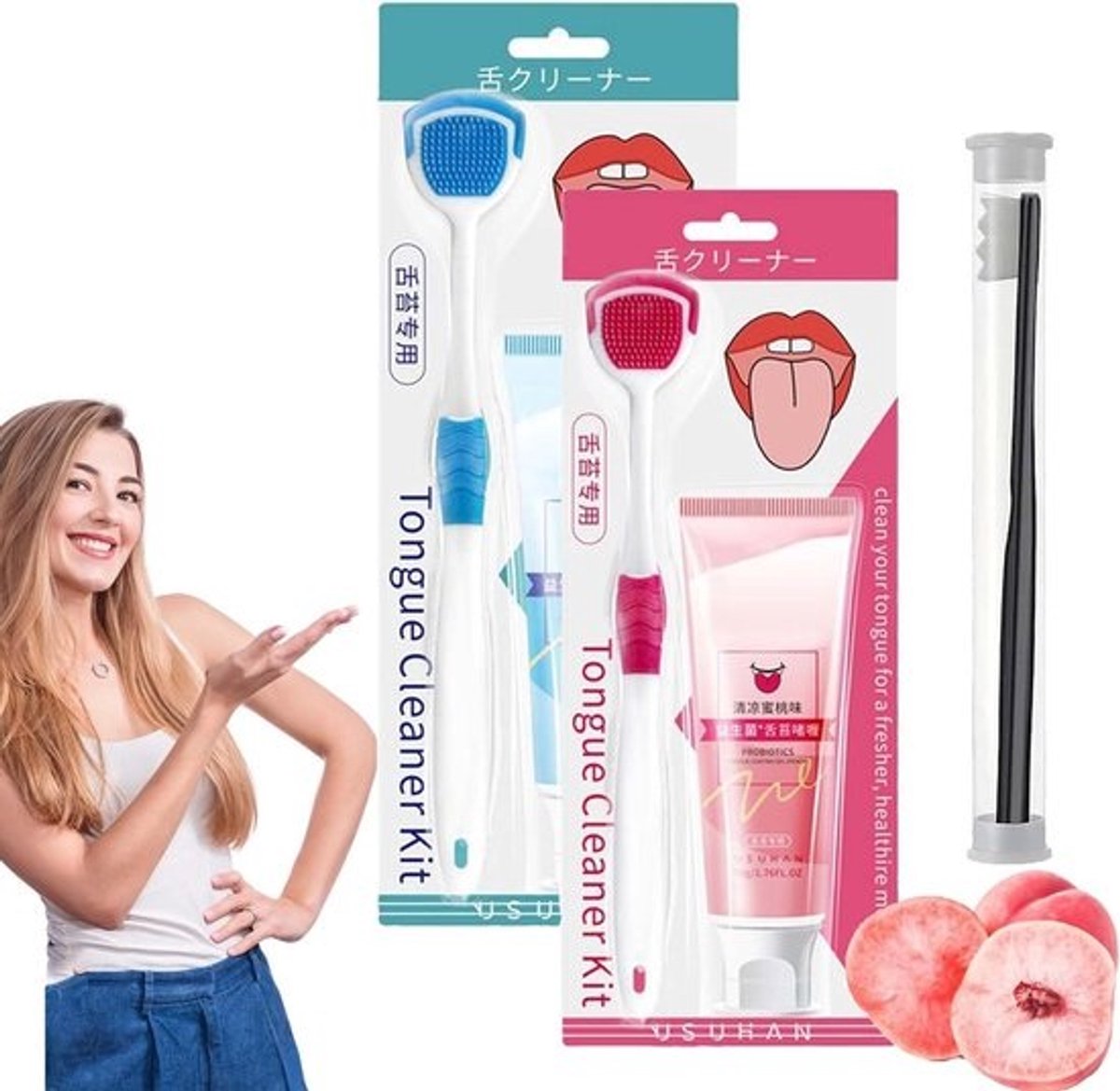 Tong Reinigingsset - Mondhygiëne Borstel - Frisse Adem - Probiotische Gel - 2 Stuks