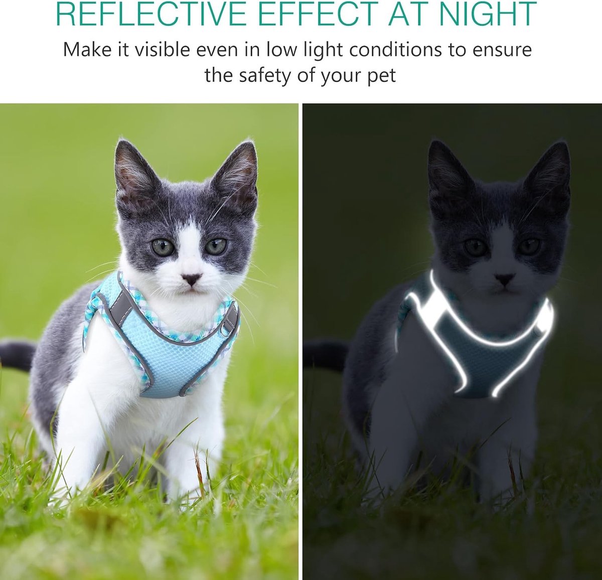 Verstelbare en Ademend Kattenharnas met Leash - Ontsnapbestendig Harnas met Reflecterende Strepen voor Katten en Puppies (XXS, Blauw)