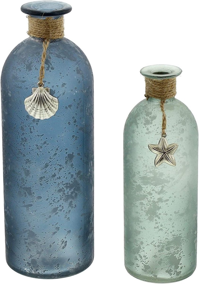 Vaas - Set van 2 - 7 x 20 cm - Glas - Maritiem - Handgemaakt - Blauw en Groen