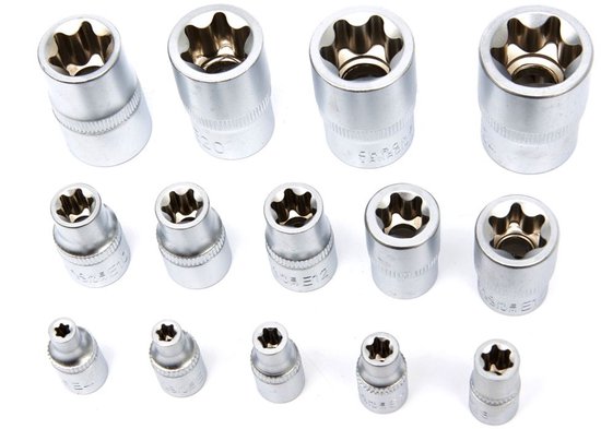 Een set van 14 zilverkleurige Torx-doppen, op een witte achtergrond.