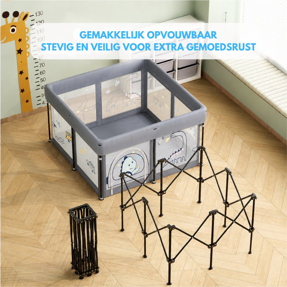 Livista Baby Grondbox – Opvouwbaar Babybox – 120x120x65 cm – Speelbox – Inclusief Speelmat, 60 Ballen en 4 Trekringen – Opbergtas – Ademend & Transparant Gaas – Compact Inklapbaar – Grijs – foto 2