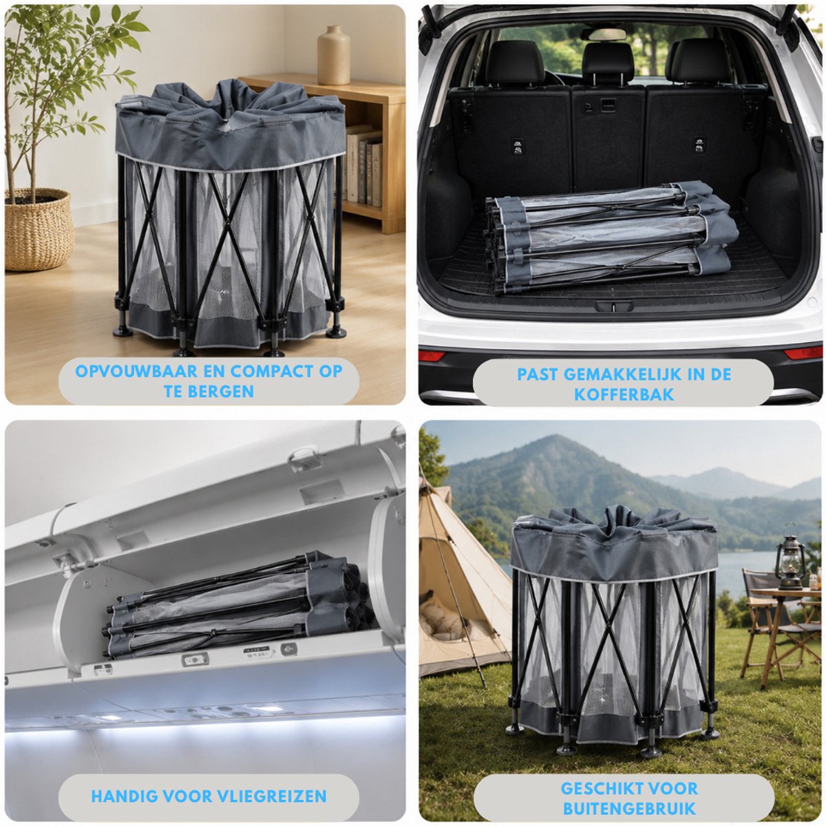 Livista Baby Grondbox – Opvouwbaar Babybox – 120x120x65 cm – Speelbox – Inclusief Speelmat, 60 Ballen en 4 Trekringen – Opbergtas – Ademend & Transparant Gaas – Compact Inklapbaar – Grijs – foto 4