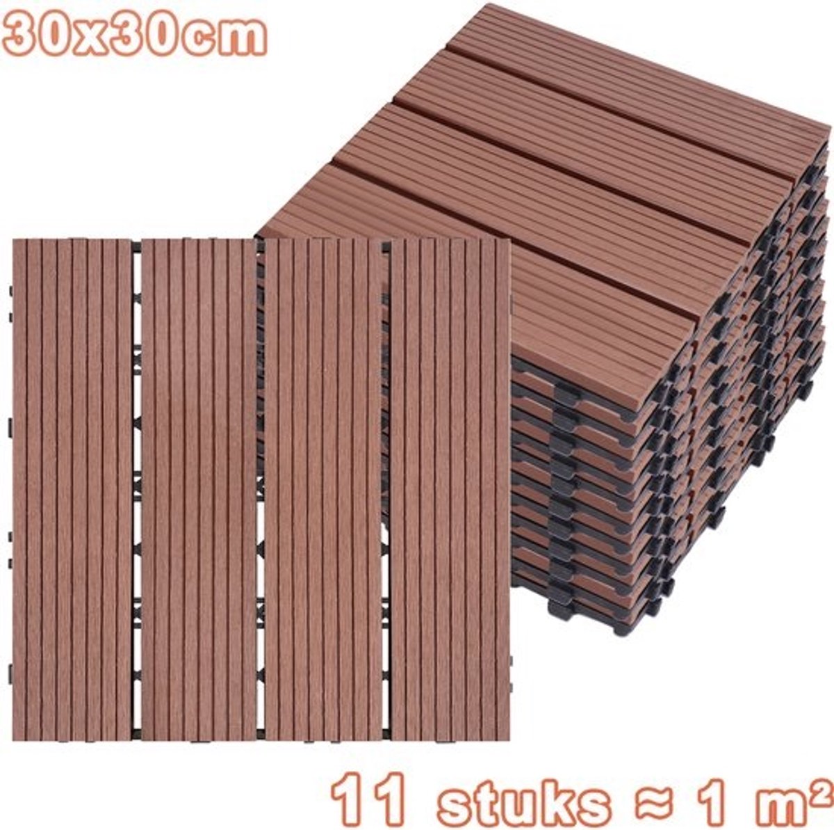 11 x WPC Houtplastic Tegels voor Tuin en Balkon, Kliktegels, Snijbaar voor Patio, Bruin, 30 x 30 cm, Duurzaam en Weerbestendig