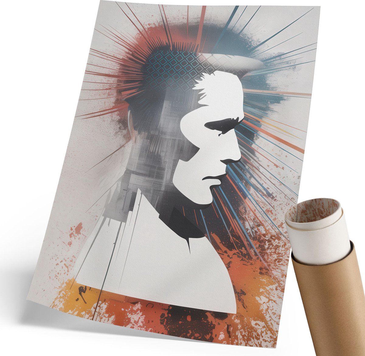 Coloray Polycanvas Wandposter - Geometrisch Gezicht, Illustratie - 210 x 297 mm - Grijs Poster - Rechthoek - Interieurdecoratie - Woonkamer, Slaapkamer, Kantoor - Modern