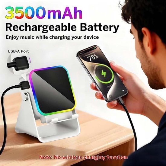 Draadloze 5-in-1 inductie-Bluetooth-speaker met verstelbare telefoonstandaard, oplaadbare speaker (3500 mAh) met stereogeluid, 360° verstelbare telefoonhouder en RGB-sfeerverlichting (8 standen) - Zwart — afbeelding 4