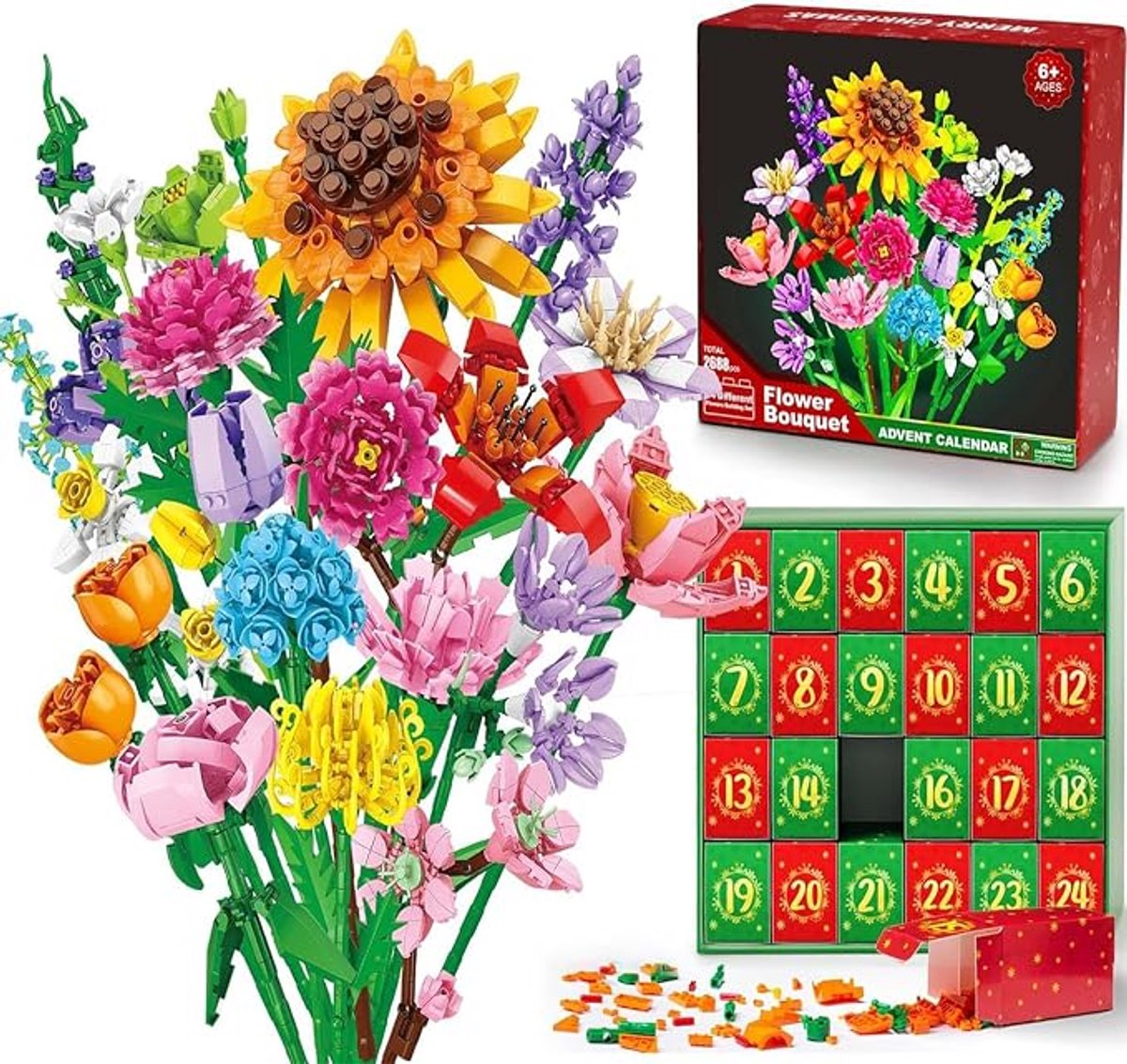 VONKELIOS® 2026 Adventskalender‑Bouwblokken, DIY Bloemenboeket met zonnebloem, Kerst afteldecoratie, origineel kerstcadeau voor kinderen en volwassenen