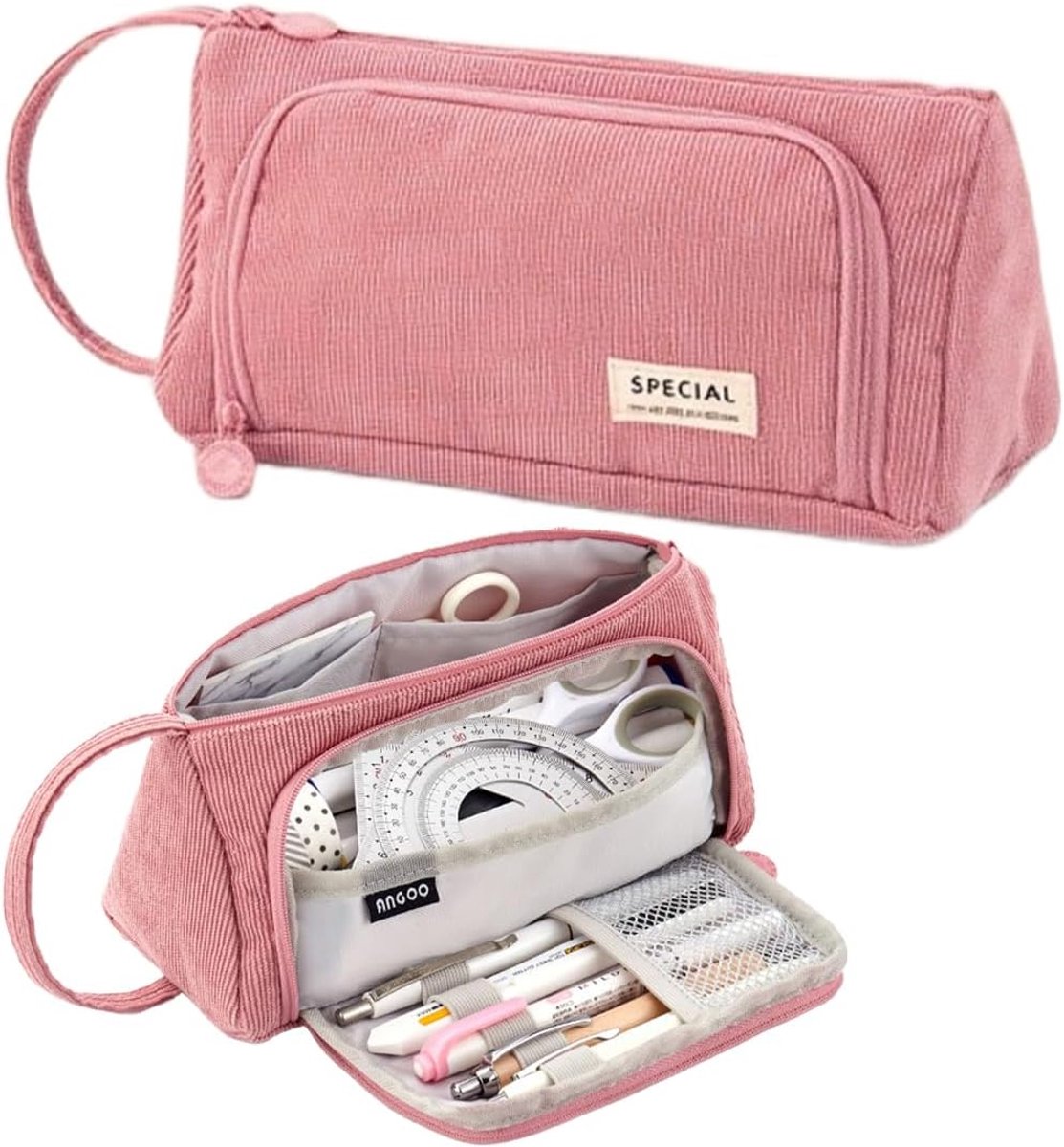 LIXIN Etui - Velvet Suede - Roze - Pennenzak voor jongens en meisjes - Canvas - Linnen - Grote capaciteit - School etui - Etui voor kinderen en volwassenen - School - Terug naar school - Back to school - Leuke telescopishe pennenhouder - Leuk etui