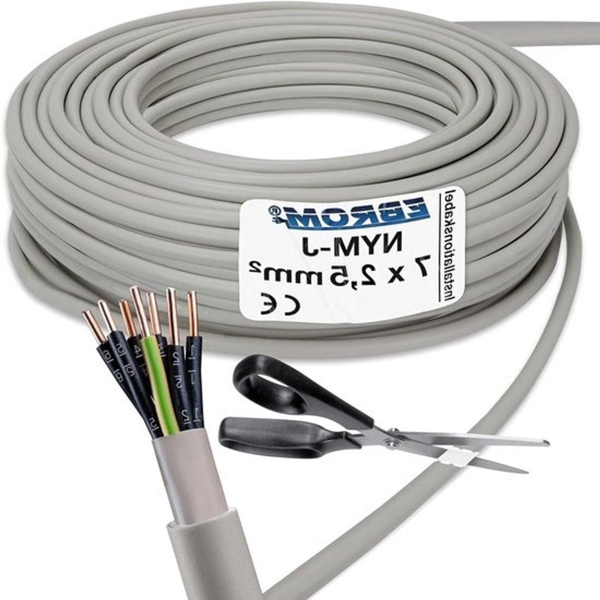 Installatiekabel NYM-J - Mantelleiding Elektra - Vaste Installatie - 7 Aders 2.5mm2 - Per Meter Te Bestellen - Grijs