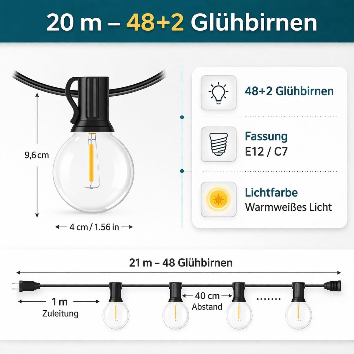 Lichtsnoer 20m - 40 LED G40 - Met Stekker - IP65 Waterdicht - Warmwit - Voor Buiten
