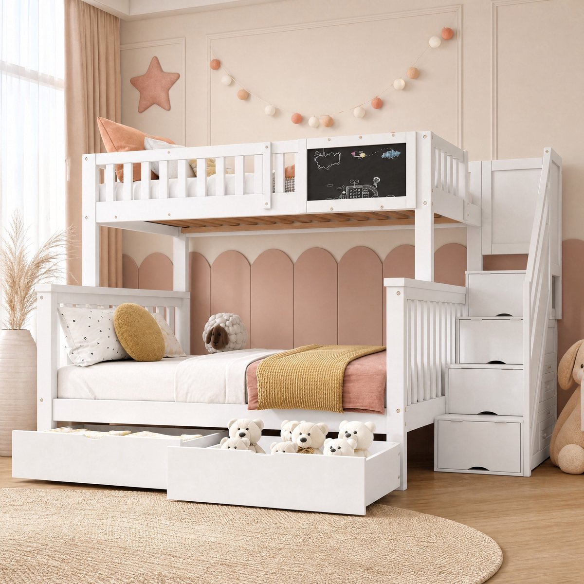 REDOM - Kinder stapelbed - Krijtbord - Trap met opbergruimte - Laden - Hout en MDF - Kinderkamer - 252 x 94,5 x 158 cm