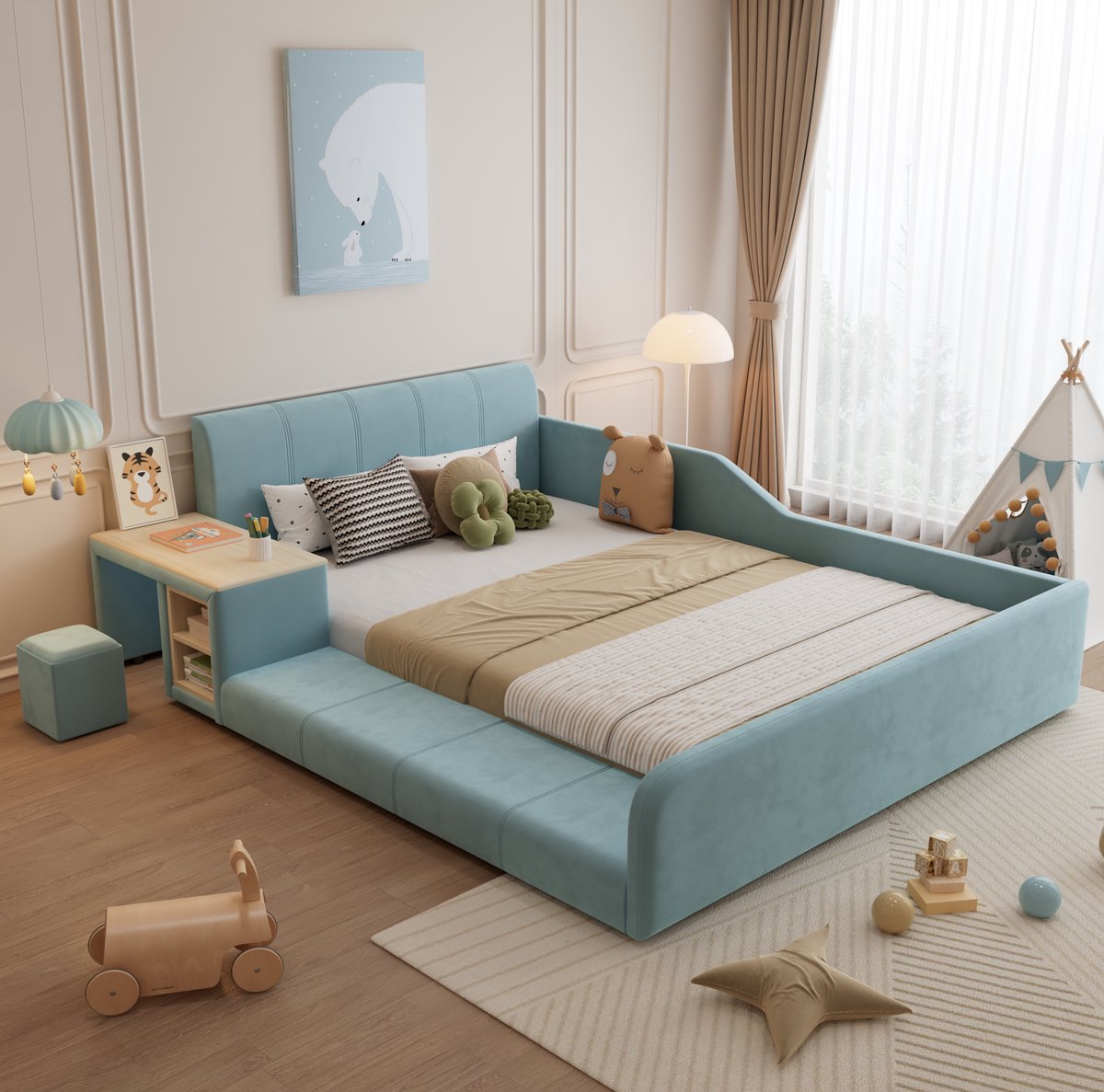 REDOM - Kinderbed - Met bureau en hocker - Met opbergruimte - Met hoge zijpanelen - Met lattenbodem - Stof - Kinderen - Blauw - 140 x 200 cm