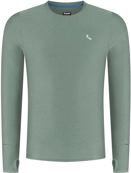 Groen Rogelli hardloopshirt met lange mouwen, duimgaten en logo op de borst.
