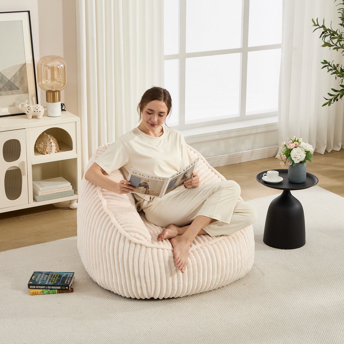 VVBV Zitzak 98x92x73 cm - Traagschuim, Zachte Pluche Bekleding - Beige, Chenille