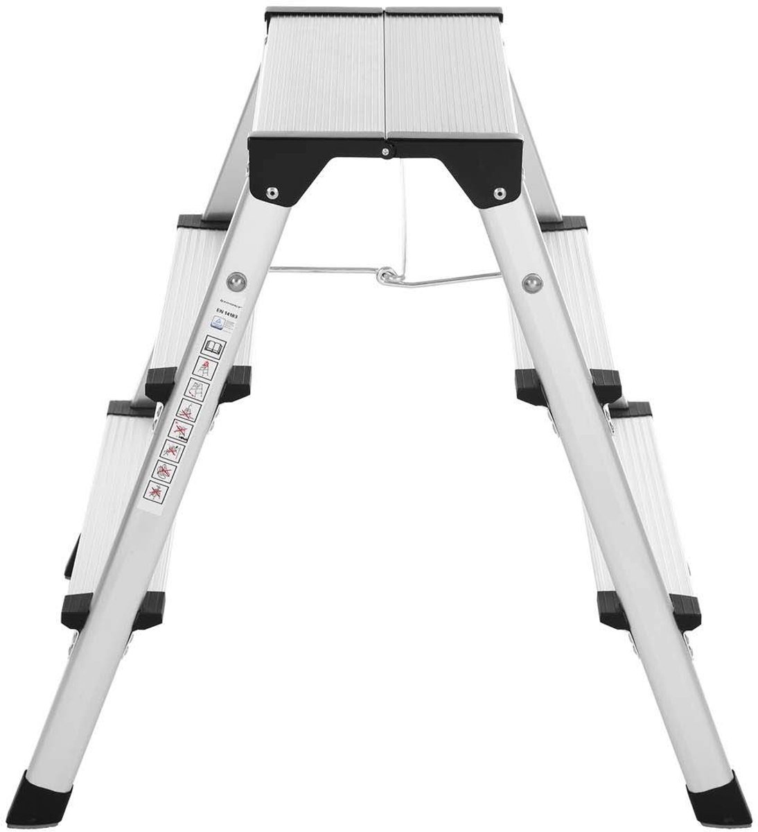 Opvouwbare ladder Huishoudladder Metalen ladder 44 x 59 x 62 cm Zilver 2x3 treden dubbelzijdig ontwerp Lichtgewicht en draagbaar met antisliptreden Opvouwbaar en ruimtebesparend Compact en eenvoudig op te bergen Geschikt voor thuisgebruik schoonmaak