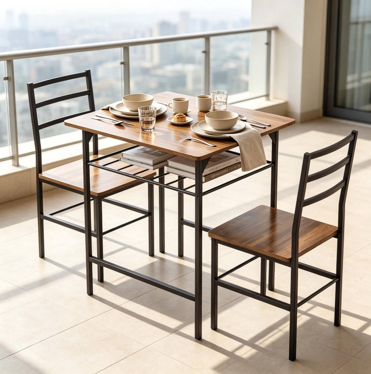MODENUIT Eetkamerset - Tafel Met 2 Stoelen En Onderplank - Voor Kleine Ruimtes - Hout En Metaal - Zwart