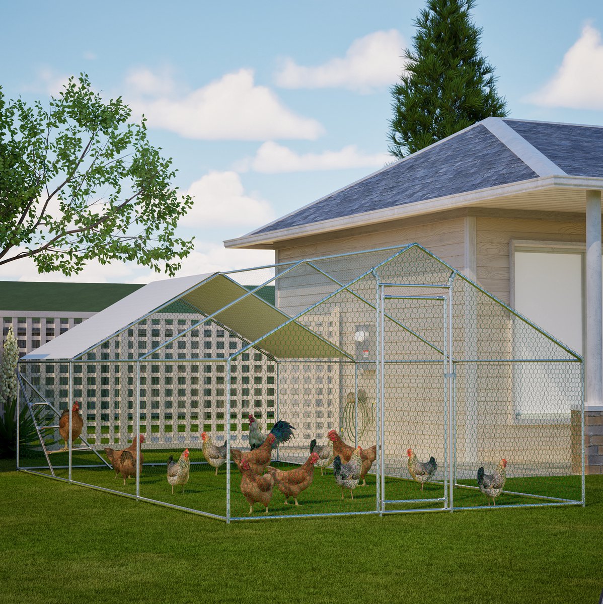 MIVRAY Kippenhok – 3x6 m Volière Met Dak En Versterkte Constructie – Metaal – Grijs – Voor Kip, Gans En Kleinvee
