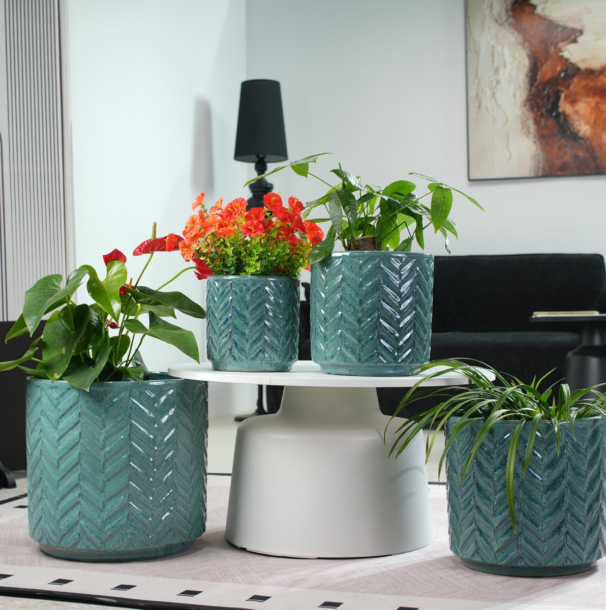 MIVRAY Bloempot – Glanzend Aqua Blauw Met Visgraatreliëf – Ø24,5 Cm – Keramiek – Voor Binnen – Rond – Met Afwateringsgat