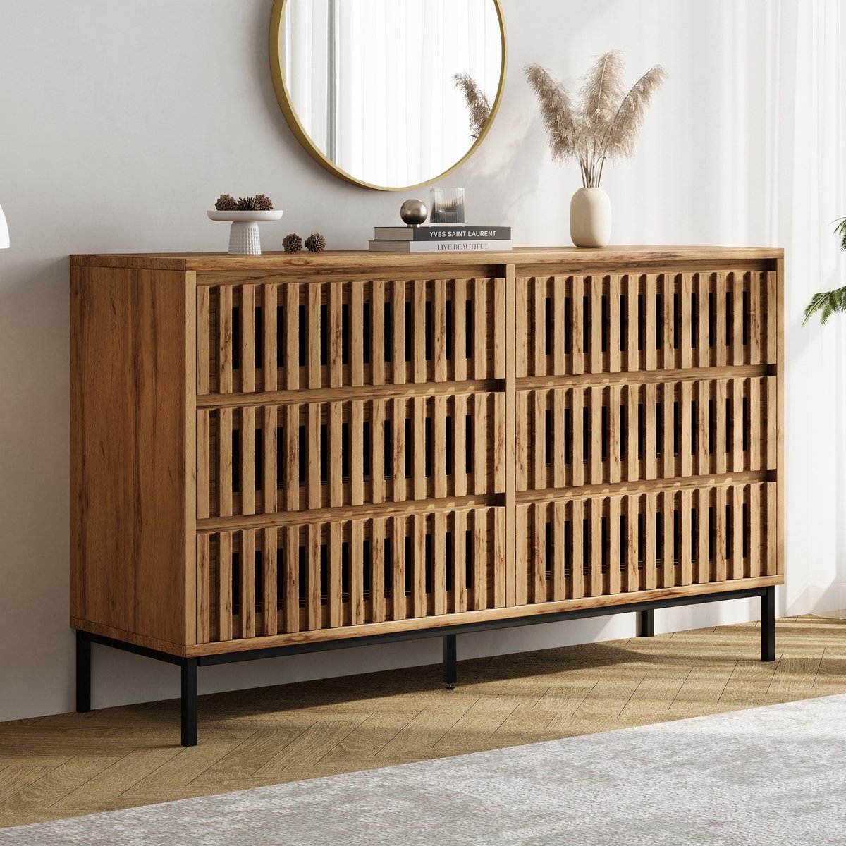 MODENUIT Dressoir - 6 Lades Met Rasterfront - Woonkamer, Slaapkamer En Hal - Houtkleur - 120x40x81 Cm