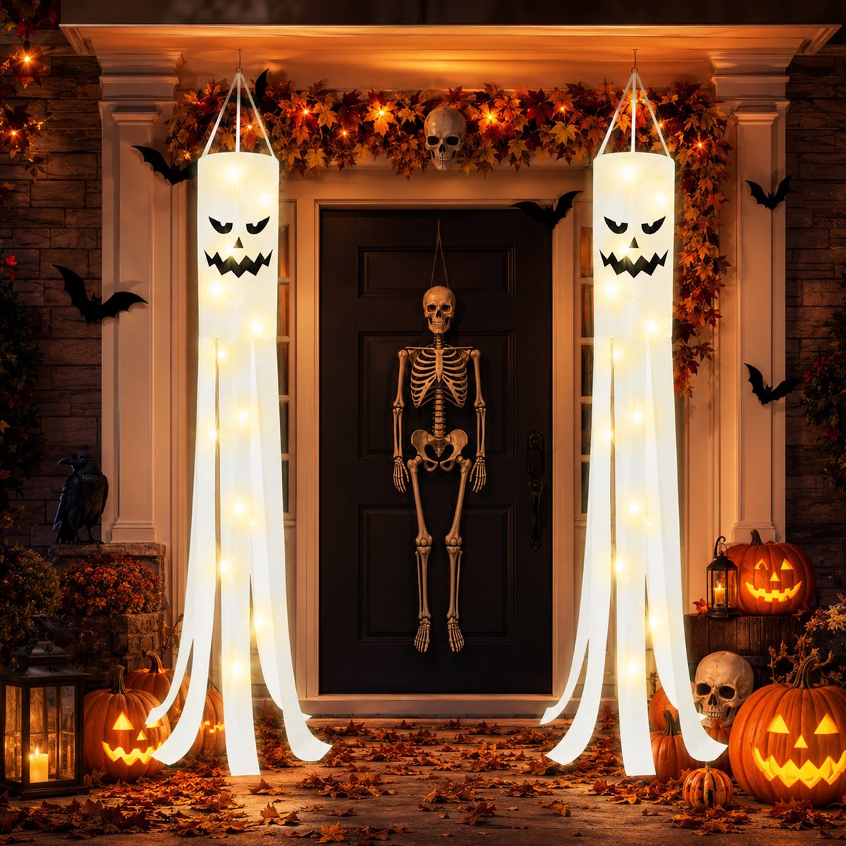 2 Stuks 175cm Halloween Geest Windzakken Vlaggen met Verlichting - Hangende Buitendecoratie voor Halloween - voor Tuin, Terras, Tuinpad en Feestdecoratie