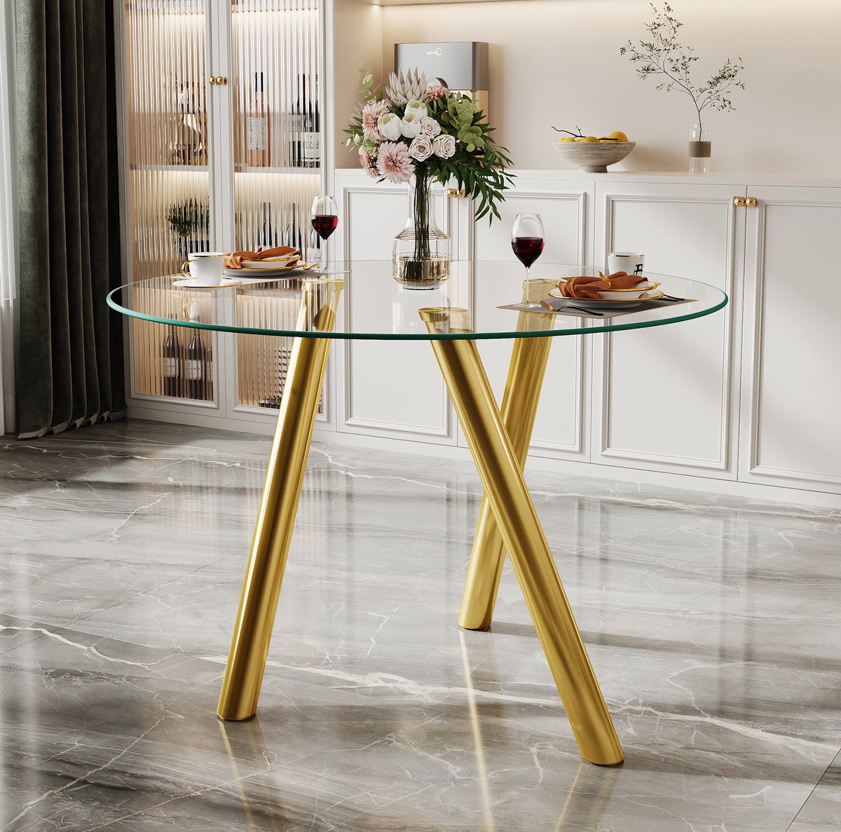 MODENUIT Eettafel - Rond Model Van Gehard Glas Met Metalen Poten - Voor Woonkamer En Eetkamer - Goud - 89 Cm