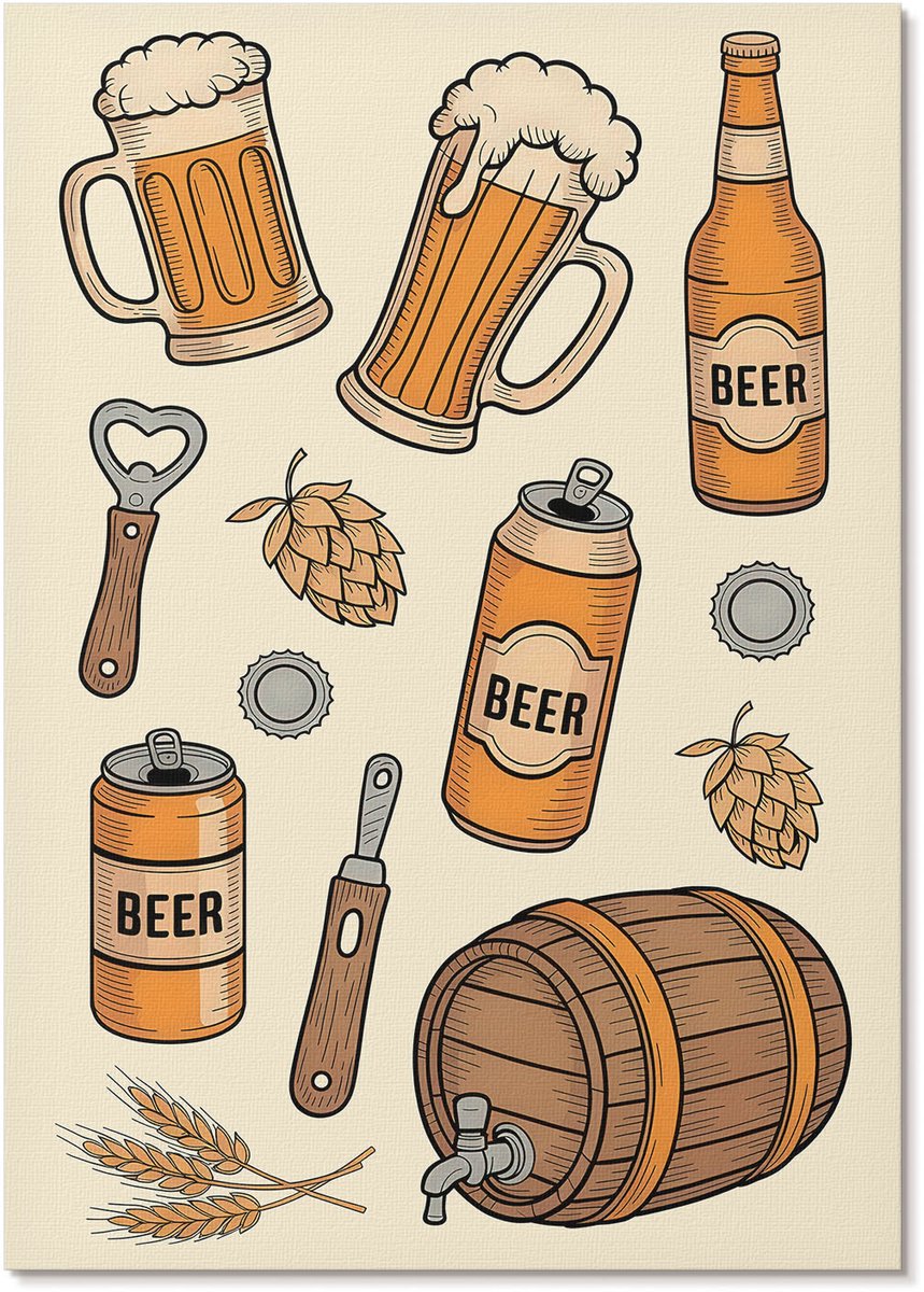 Tulup Canvas Poster Polycanvas - Bierwereld, Illustratie - A4 - Beige Poster - Rechthoek - Kunstposter - Woonkamer, Slaapkamer, Kantoor - Retro
