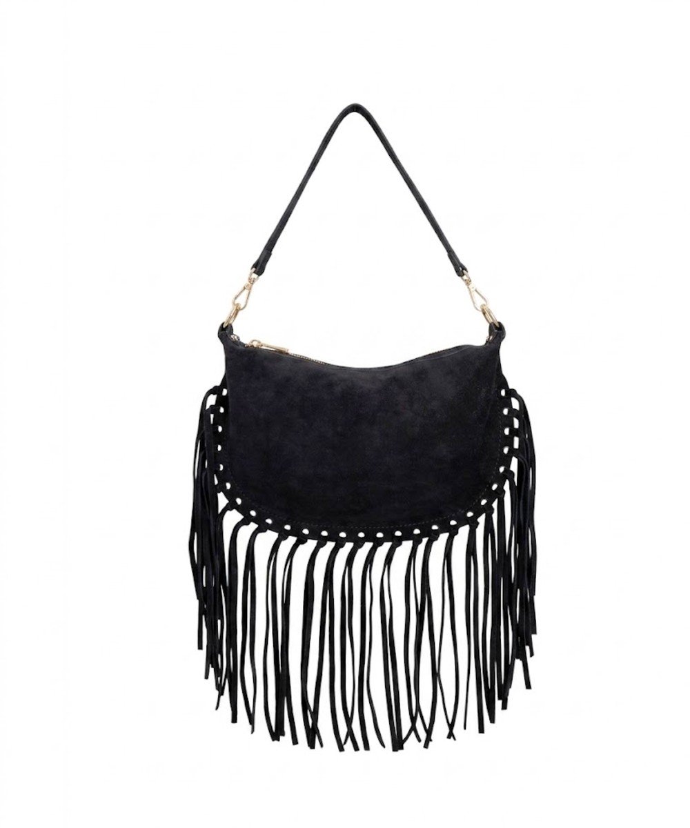 Zwarte Suède Schoudertas Fringe - Dames Crossbodytassen - Boho Schoudertassen - Twee Hengsels - Zwart