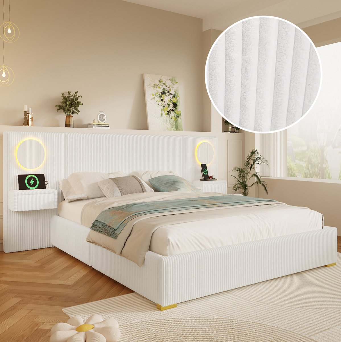 DESMIU Bed 180x200 cm – Led Hoofdbord Met Usb Aansluitingen – Nachtkastjes Met Lades En Opbergruimte – Voor Volwassenen – Fluweel En Mdf – Beige – Zonder Matras