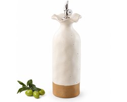 Olijfolie fles - 600 ml - Olie Dispenser - Keramische Oliekan - Aardewerk met Automatische RVS Schenktuit & Lichtdicht - Geschikt voor Olijfolie, Azijn, Koken - 8 x 26.5 cm - Crème & Terracotta